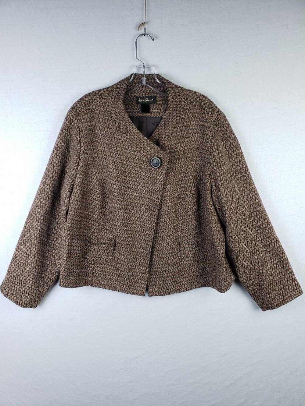 Ashley Stewart Blazer Jacket Asymmetrical One Button Brown Lagenlook Size 18